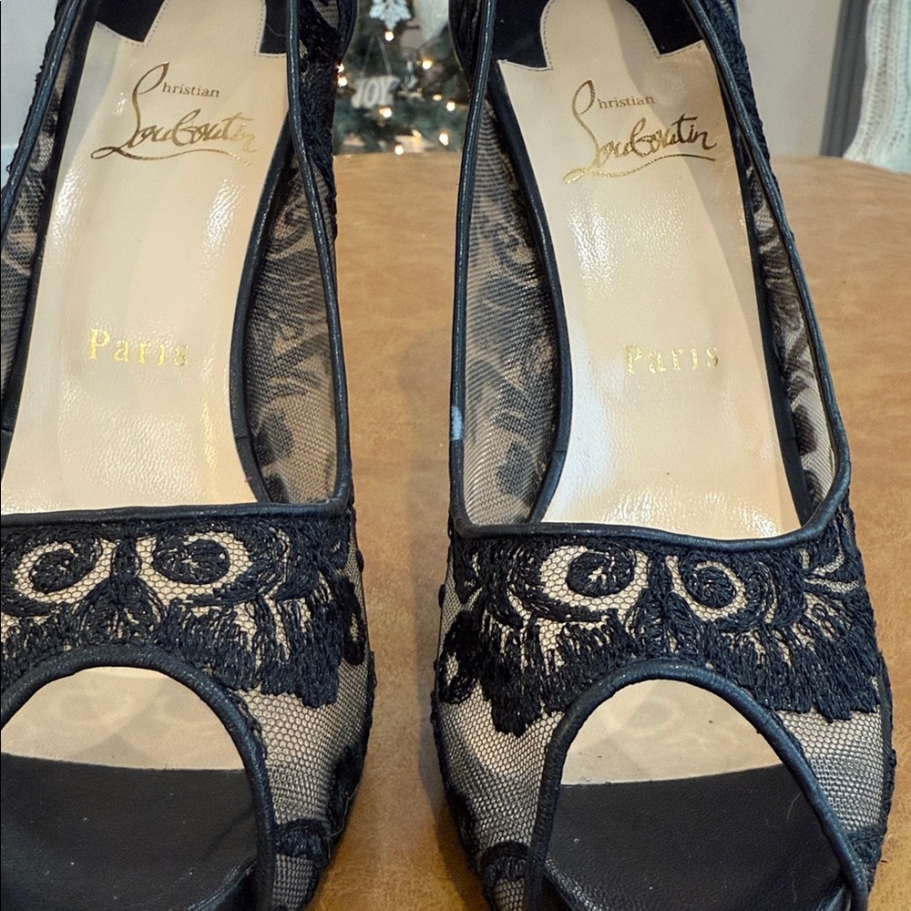 Christian Louboutin Black Lace Peep-Toe Heels - Picture 7 of 11